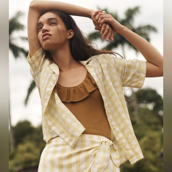 Madewell Tops - Madewell Cotton-Linen Boxy Camp Shirt in Gingham Check